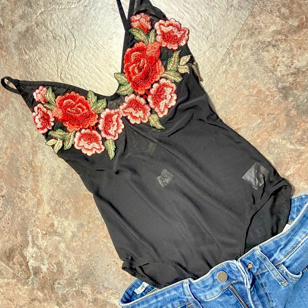 Black Backless embroidered Bodysuit with Red Floral Accents